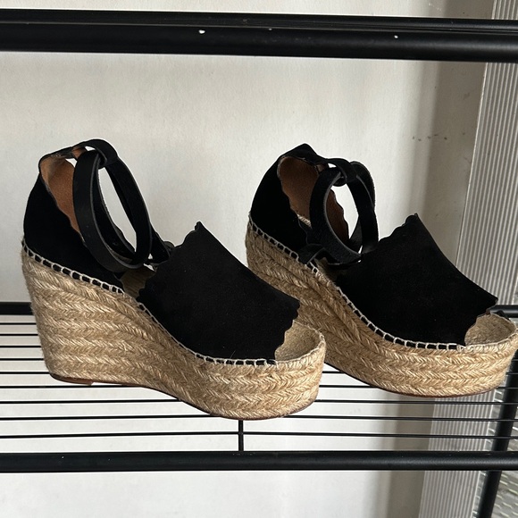 Chloe Black Suede Scalloped Espadrille Wedge Sandals with Ankle Buckle - Picture 2 of 8